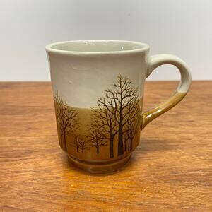 Vintage Bare Trees Coffee Mug Brown Tan Three Tone Glaze 8 oz‎ Fall Winter Scene